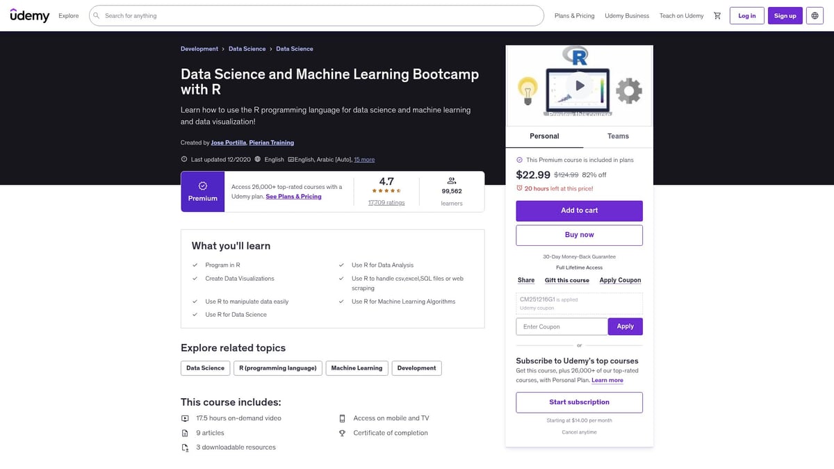 Top 8 Picks for the Best Course in Machine Learning 2026 - Data Science and Machine Learning Bootcamp with R — Udemy (Jose Portilla)