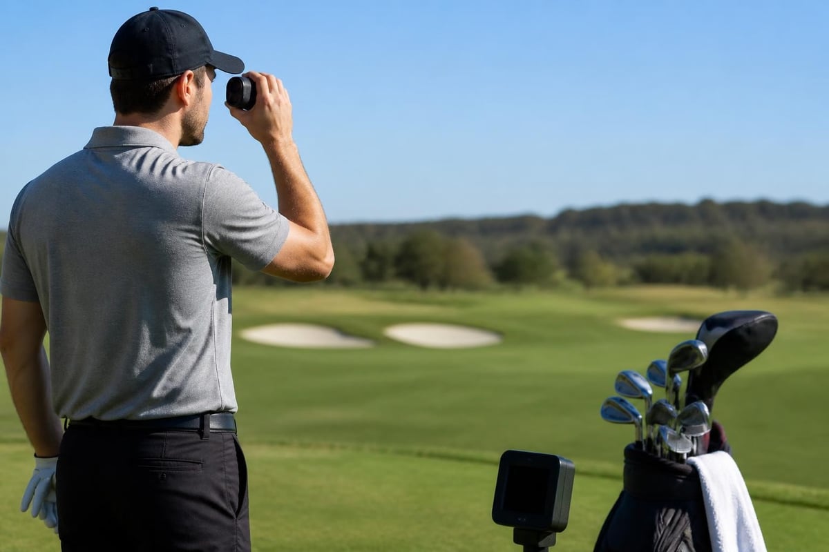 Golf technology accessories showing rangefinders and launch monitors