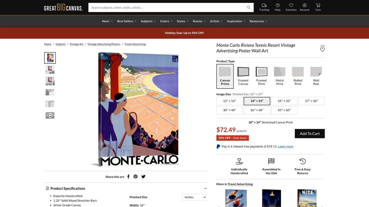 8 Inspiring Tennis Art Ideas to Elevate Your Space in 2025 - Monte Carlo Riviera Tennis Resort Vintage Poster (Great Big Canvas)