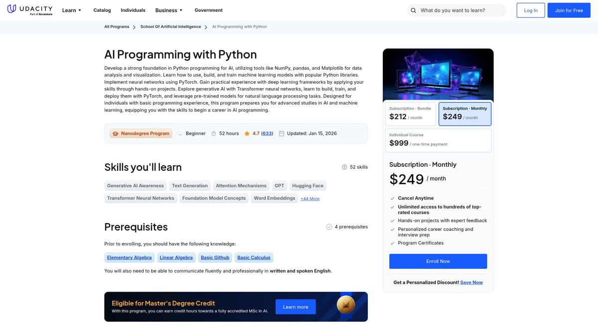 7 Best Python Artificial Intelligence Course Picks for 2026 - Udacity: AI Programming with Python Nanodegree