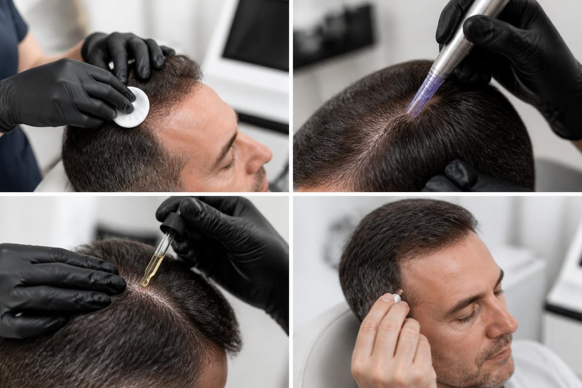 Microchanneling device creating precision micro-channels in scalp tissue to trigger collagen production and growth factor delivery
