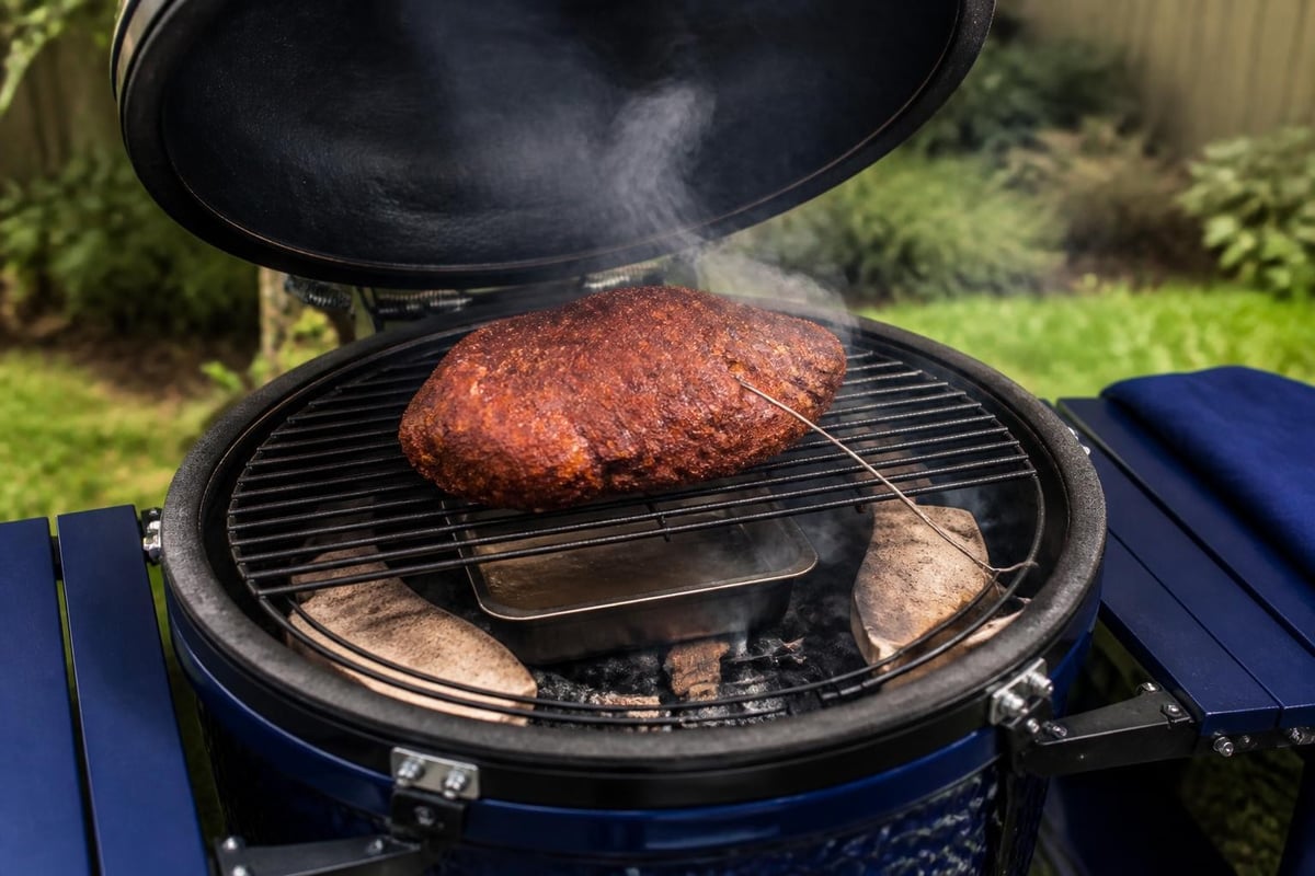 Kamado BBQ smoking setup