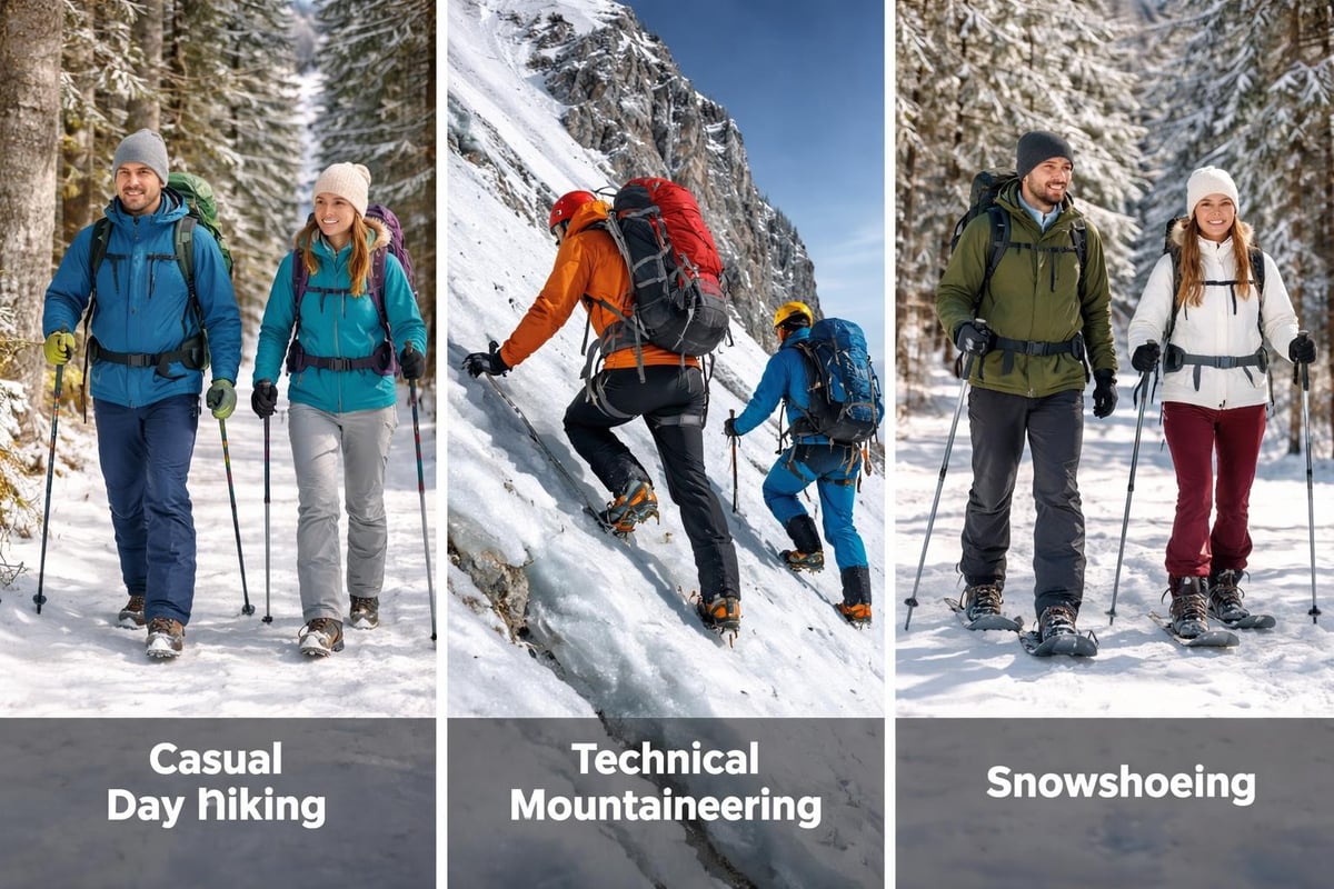 Different hiking scenarios requiring snow pants