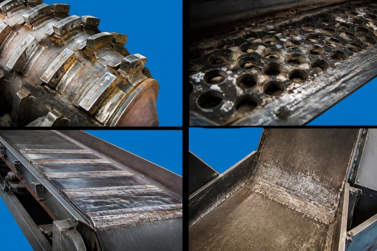Common wear zones in recycling equipment