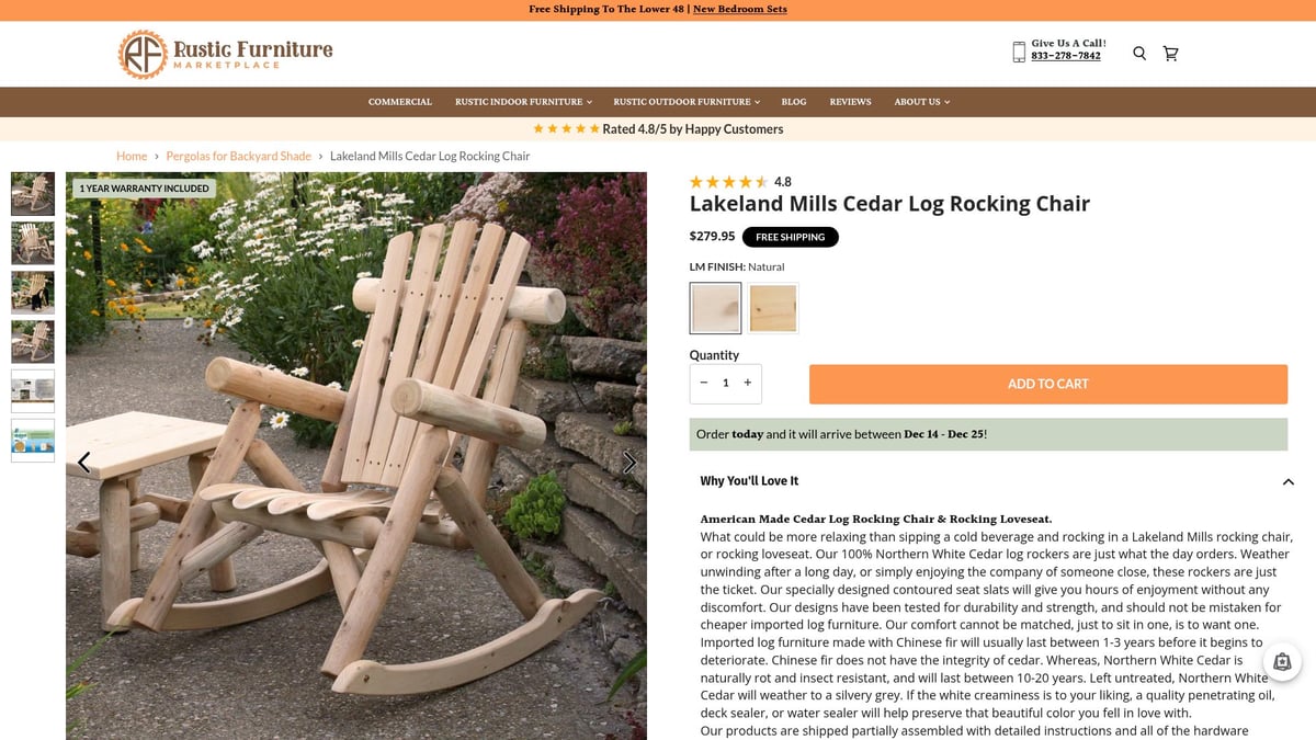 7 Best Rustic Outdoor Rocking Chair Picks for Relaxing Outdoors 2026 - Lakeland Mills Cedar Log Rocking Chair
