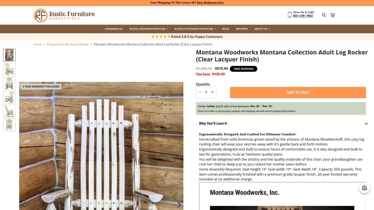 7 Best Rustic Outdoor Rocking Chair Picks for Relaxing Outdoors 2026 - Montana Woodworks Montana Collection Adult Log Rocker (Clear Lacquer Finish)