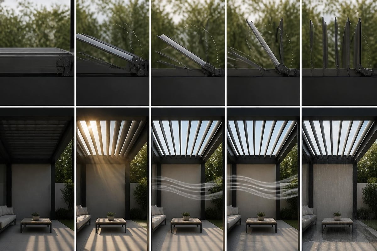 Louvered roof blade mechanics