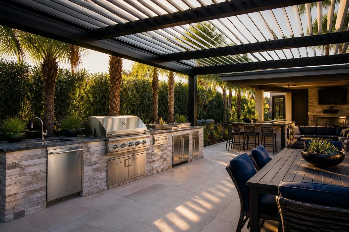 Outdoor kitchen under louvered pergola