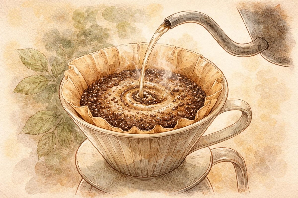 Water meeting coffee grounds in pourover ritual