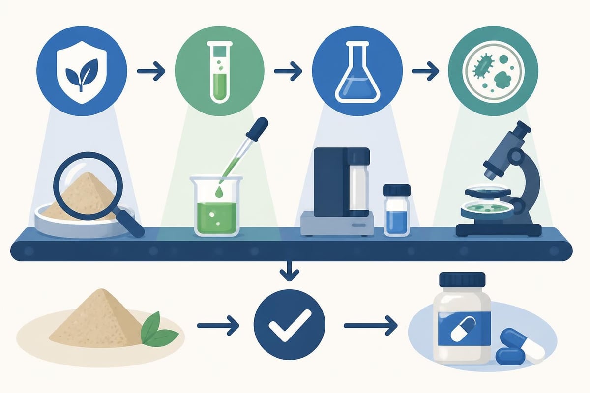 Quality testing stages for supplement ingredients