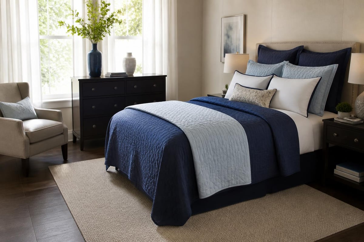 Bedroom size considerations for navy bedding
