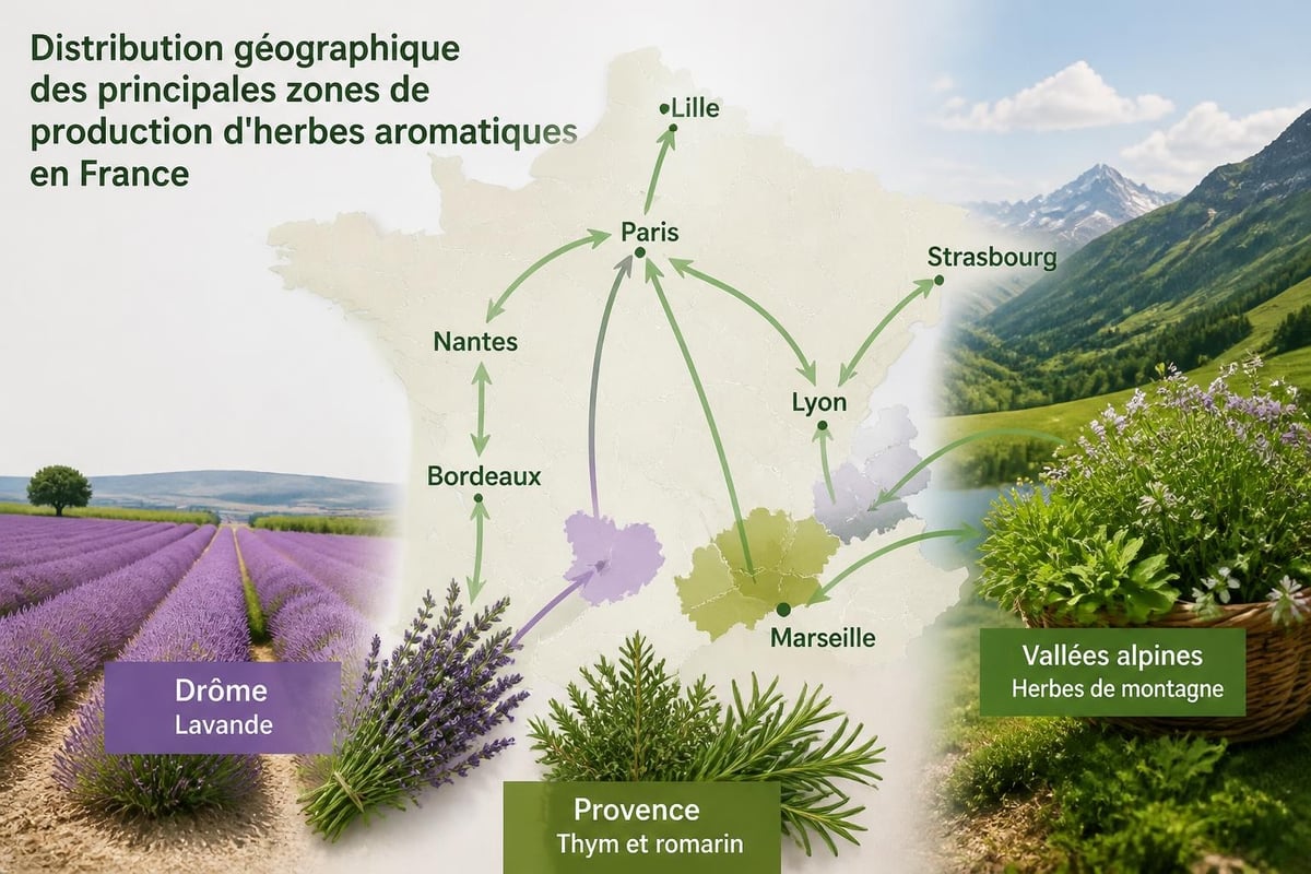 Carte de France des régions productrices d'herbes aromatiques