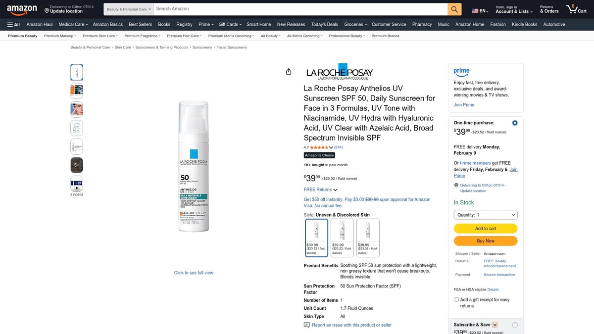 Top 10 Skin Products You Need to Try in 2026 - La Roche-Posay Anthelios UV Tone Sunscreen SPF 50 with Niacinamide