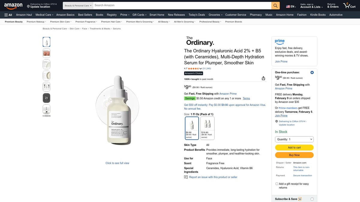 Top 10 Skin Products You Need to Try in 2026 - The Ordinary Hyaluronic Acid 2% + B5 Hydrating Serum