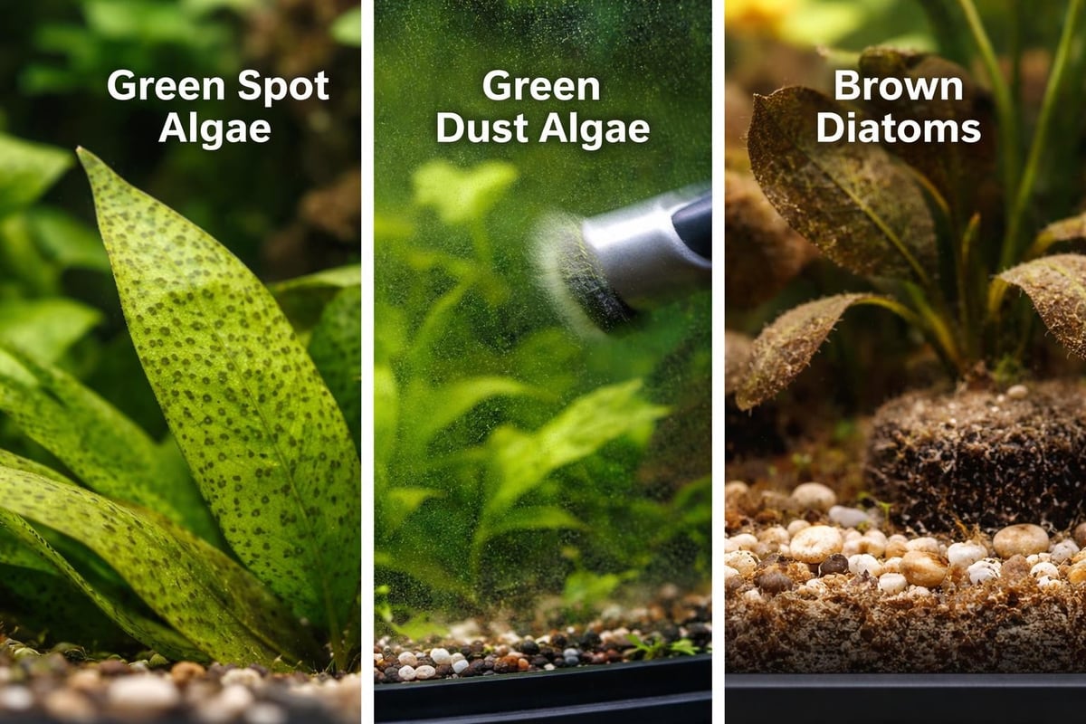 Different algae types on aquarium glass