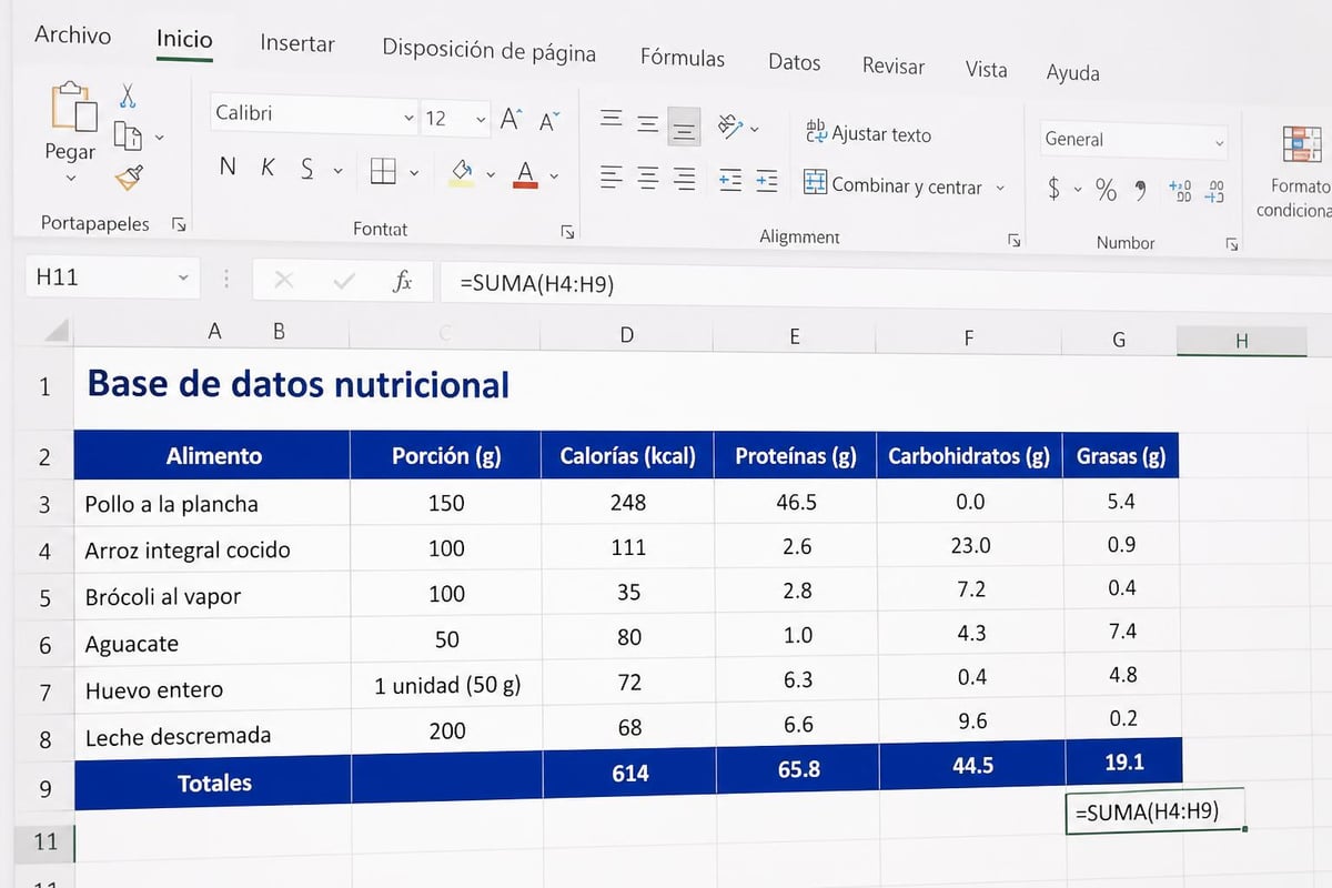 Excel nutrition database structure