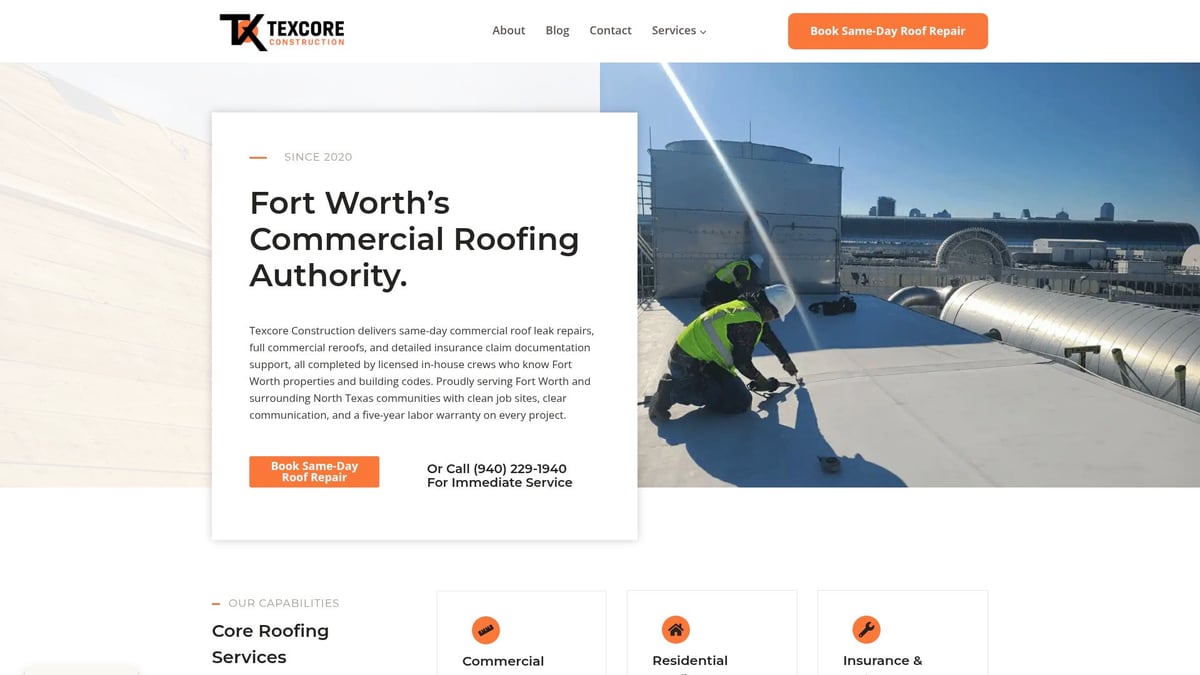 Workers in safety vests performing roofing repairs on a commercial building rooftop in Fort Worth, showcasing Texcore Construction's licensed in-house crew and expertise in local roofing solutions.