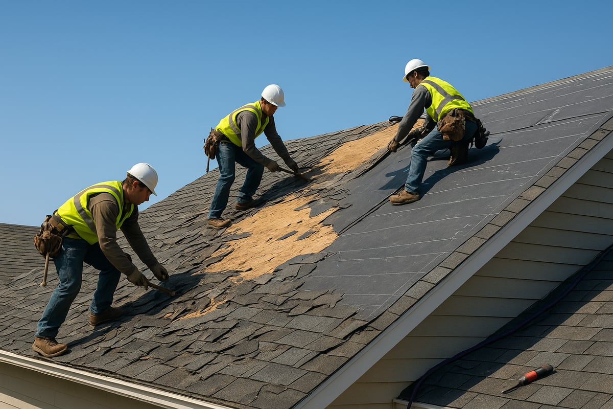 Roofing professionals removing damaged shingles during a roof replacement project, showcasing the importance of timely inspections and repairs for maintaining roof integrity.