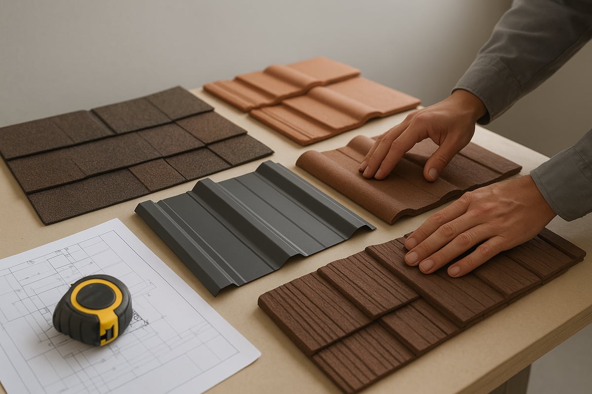 Hands examining various roofing material samples on a table, including asphalt shingles and metal tiles, alongside a measuring tape and architectural plans, relevant to roof replacement considerations for 2026.