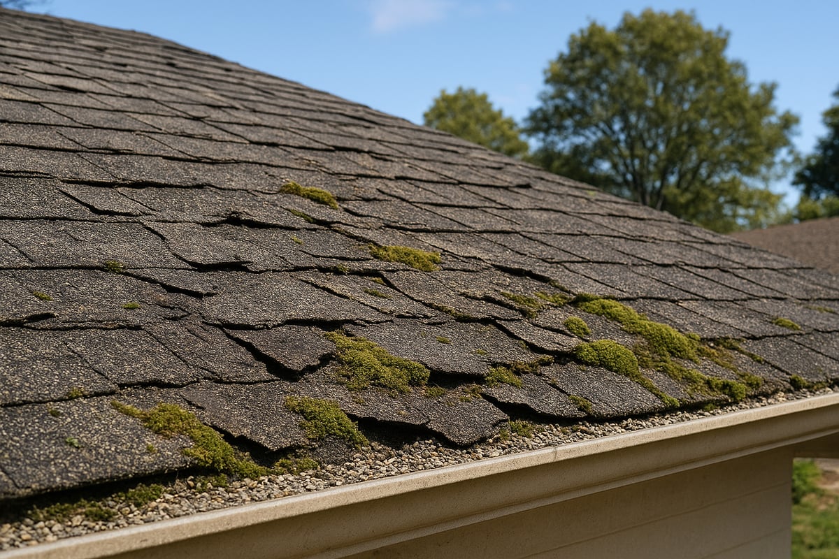 Residential roof with cracked and curling shingles, covered in moss, indicating potential damage and the need for replacement.