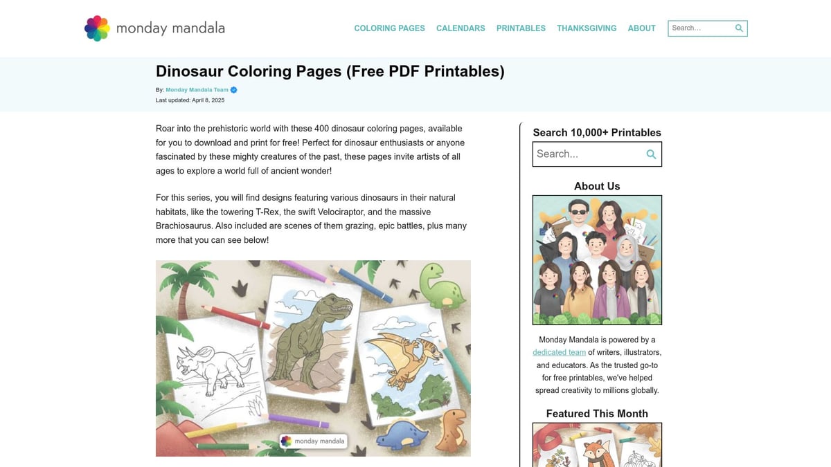 8 Fun Free Dinosaur Printables for Kids in 2025 - Dinosaur Coloring Pages by Monday Mandala