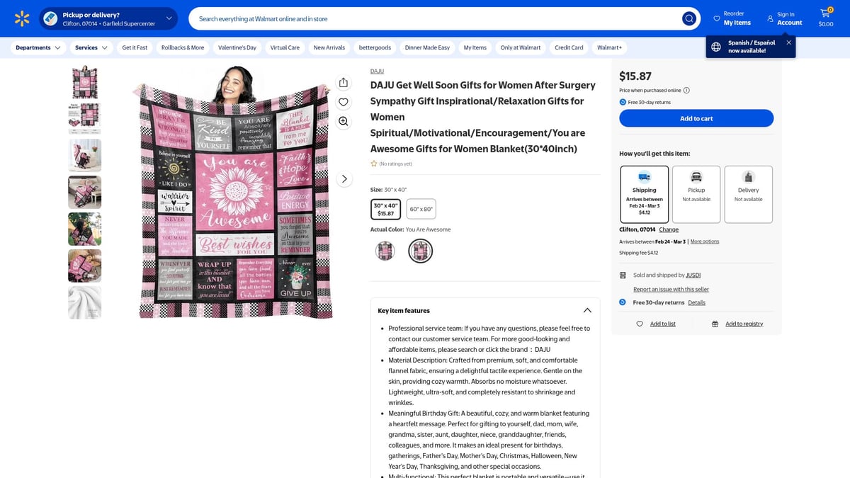 8 Thoughtful Gifts After Surgery to Brighten Recovery 2026 - DAJU Get Well Soon Inspirational Blanket for Women (Walmart)