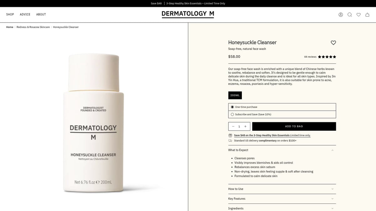 Top 7 Natural Rosacea Skin Care Products To Try In 2026 - Honeysuckle Cleanser by Dermatology M