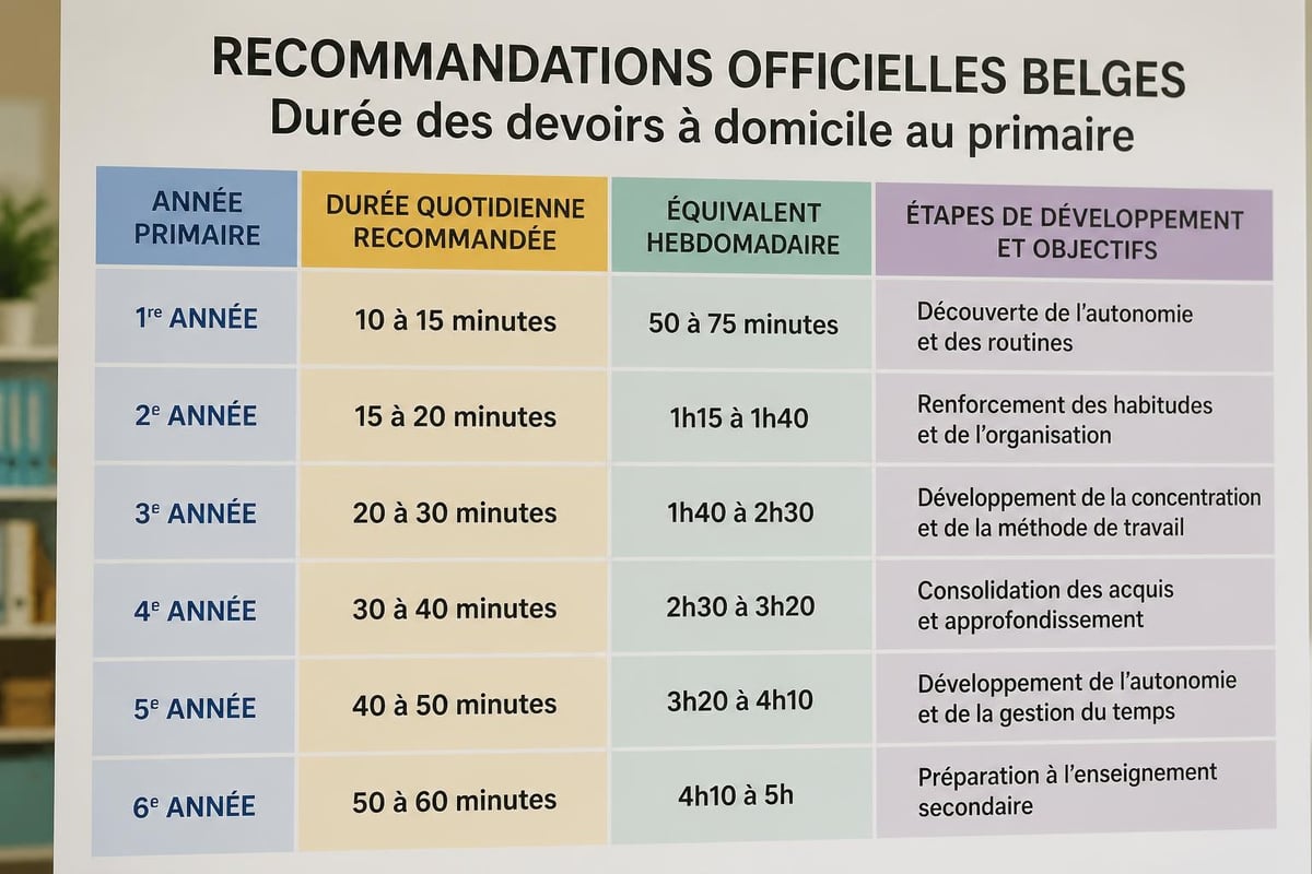 Recommandations durée devoirs par année primaire