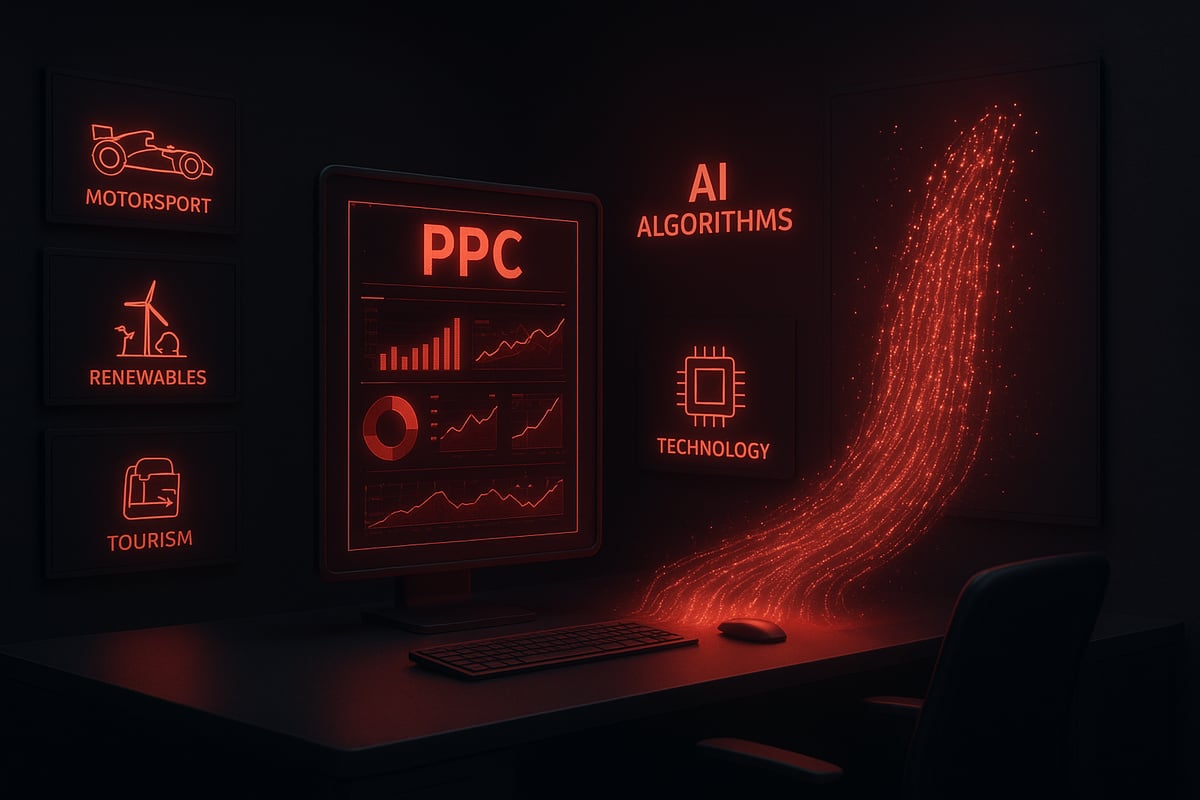 Dark office with glowing red PPC data on screen, energy stream.