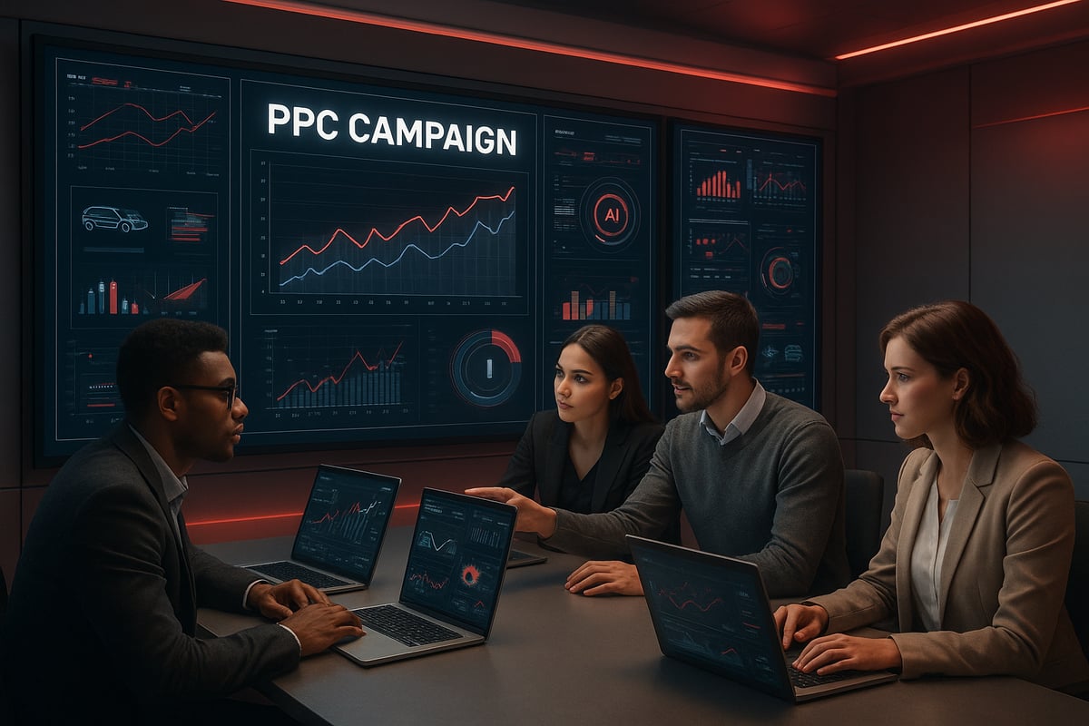 Four professionals in a modern room analyze a PPC campaign data dashboard.