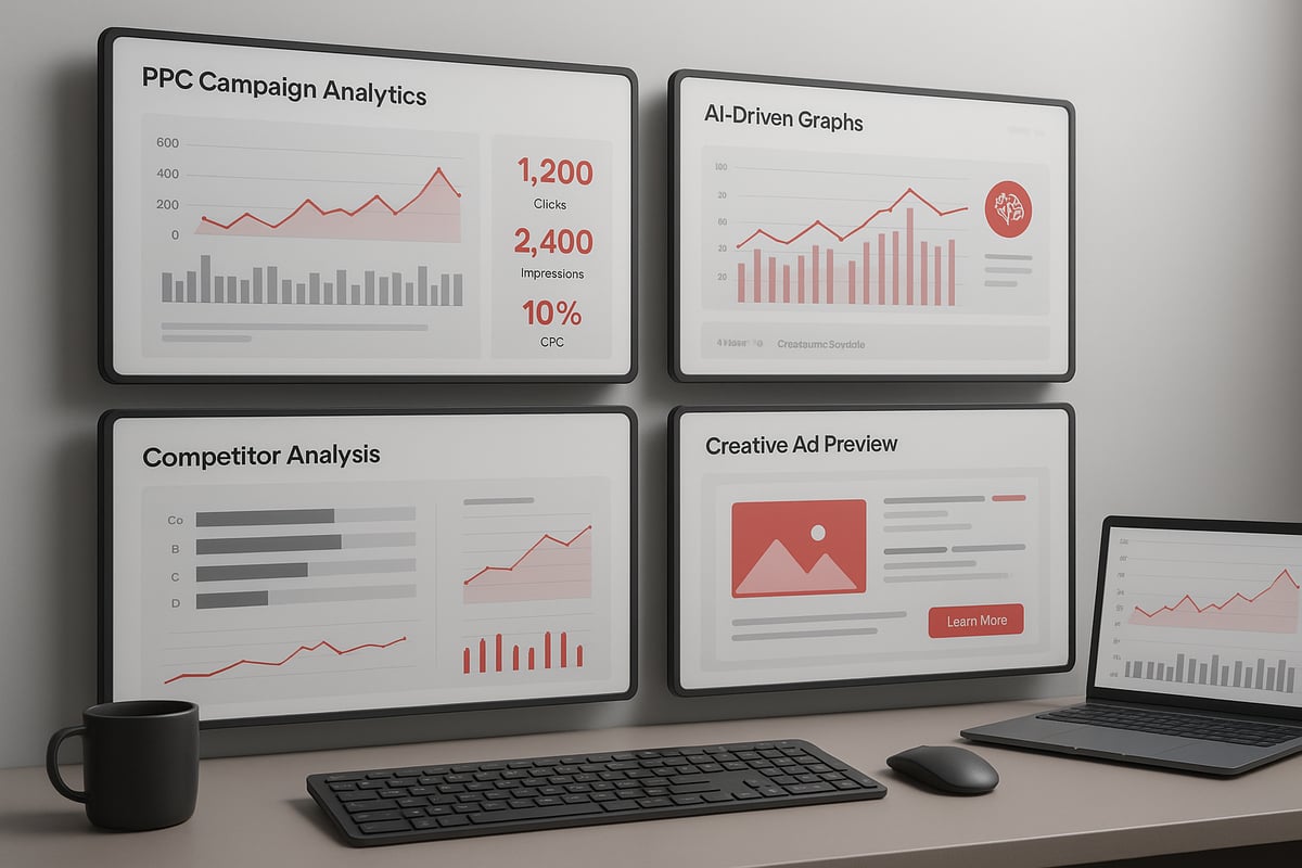 Four screens display data visualizations, a laptop, keyboard, mouse, and a coffee mug on a desk.