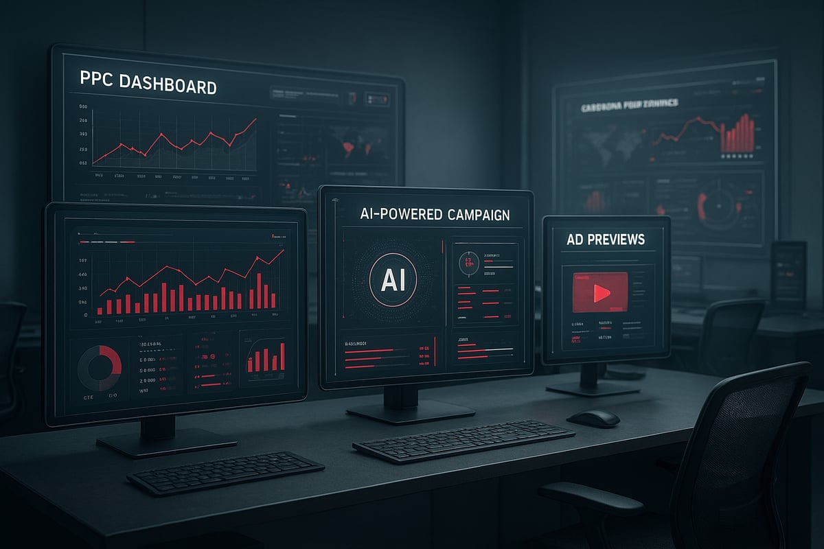 Dark room with multiple monitors displaying data and AI interface. Red and black color scheme.