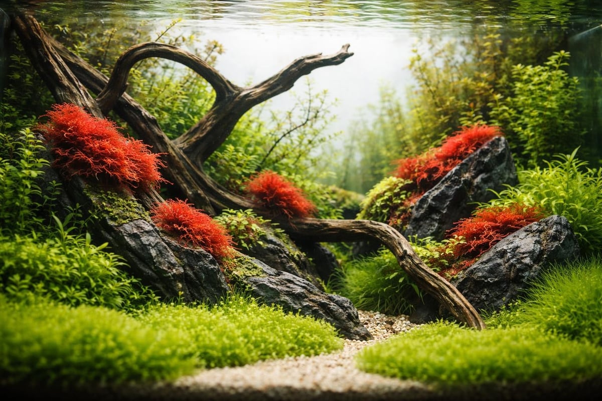 Red moss aquascaping layout
