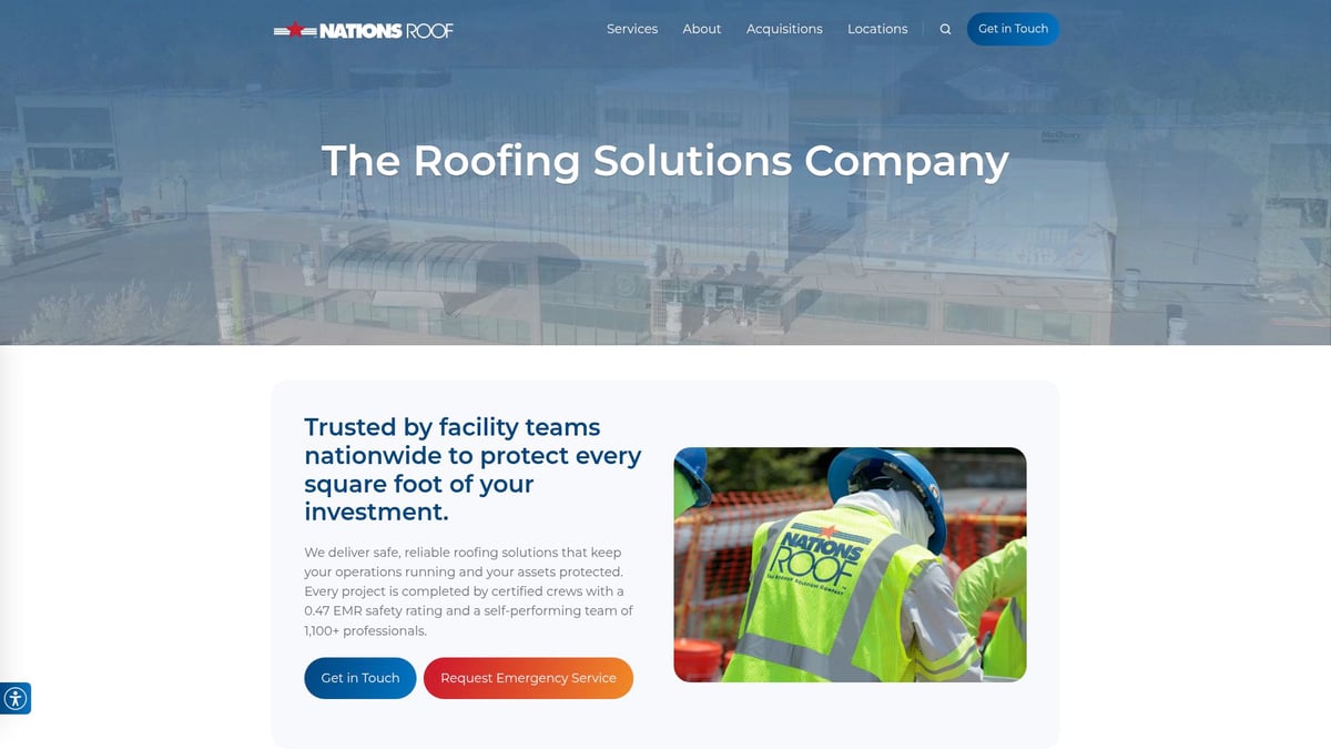 Nations Roof branding on safety vest worn by roofing professionals, emphasizing commercial roofing services and expertise.