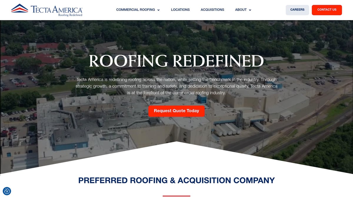 Aerial view of a commercial roofing project by Tecta America, showcasing large industrial buildings and surrounding greenery, emphasizing expertise in roofing solutions.