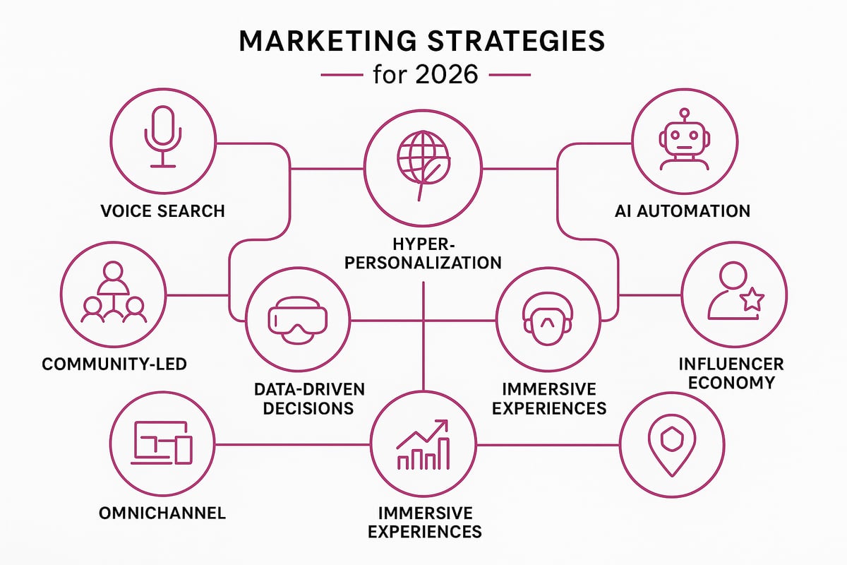 Diagram illustrating nine essential marketing strategies for 2026, including hyper-personalization, voice search, AI automation, community-led initiatives, data-driven decisions, omnichannel approaches, immersive experiences, and influencer economy.