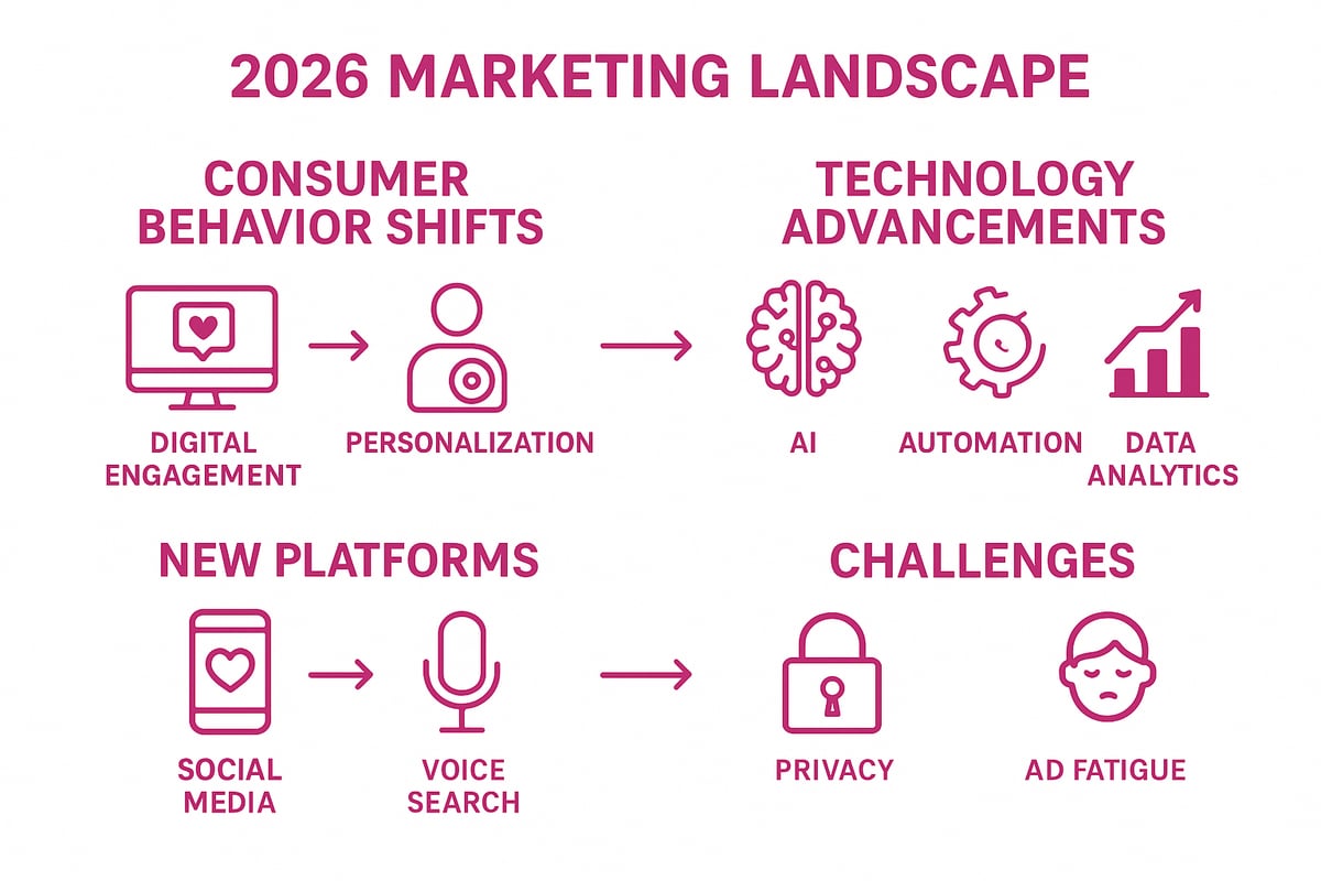 2026 marketing landscape diagram illustrating consumer behavior shifts, technology advancements, new platforms, and associated challenges, highlighting digital engagement, personalization, AI, automation, data analytics, social media, voice search, privacy, and ad fatigue.