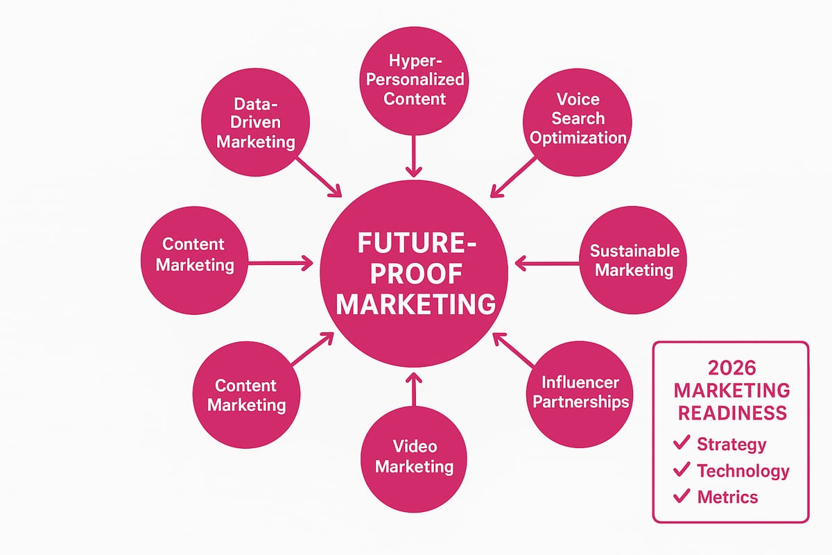 Informational diagram illustrating future-proof marketing strategies, featuring Data-Driven Marketing, Hyper-Personalized Content, Voice Search Optimization, Sustainable Marketing, Content Marketing, Video Marketing, and Influencer Partnerships, with a focus on 2026 marketing readiness.