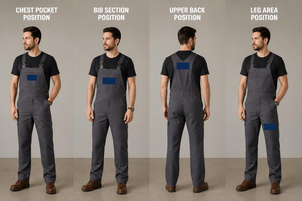 Embroidery placement zones on overalls