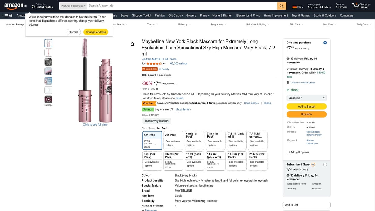 7 Beauty Amazon Favoriten 2025: Must-Haves für Deinen Look - Maybelline New York Sky High Mascara – Extremes Volumen & Länge