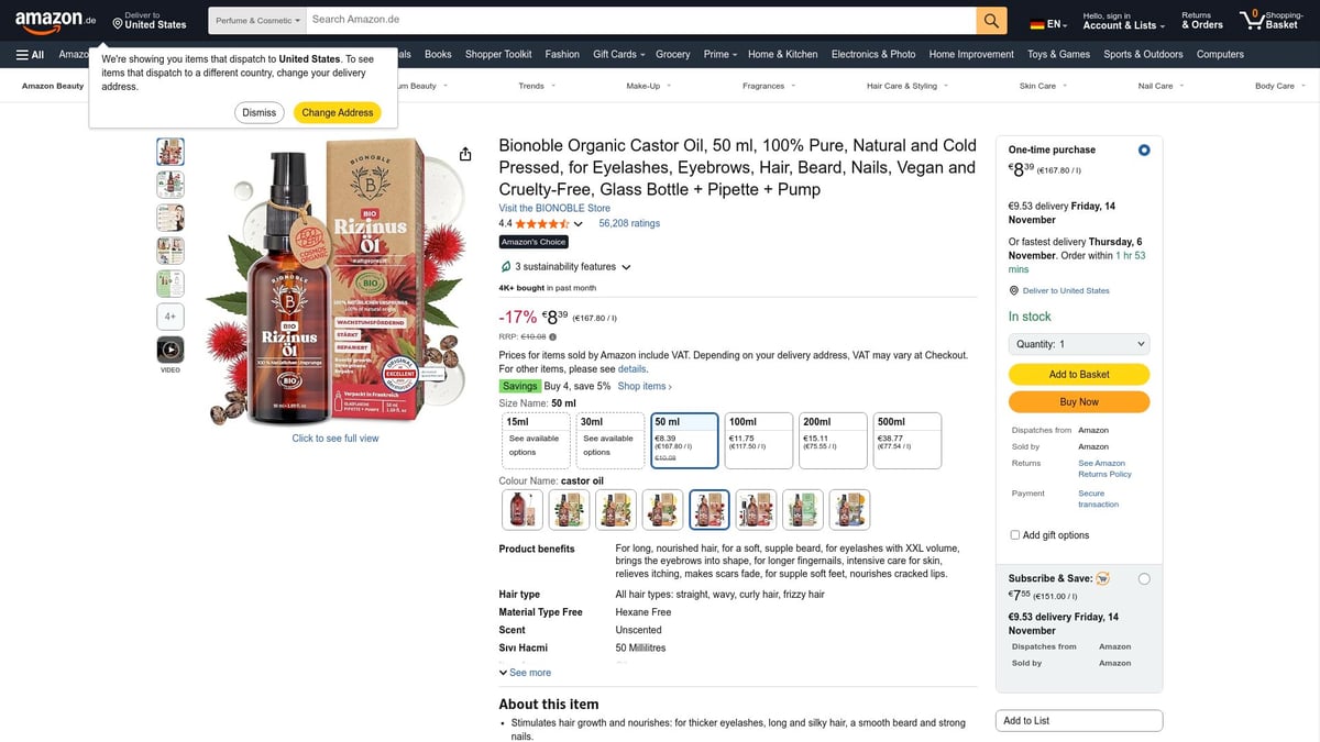 7 Beauty Amazon Favoriten 2025: Must-Haves für Deinen Look - BIONOBLE Rizinusöl Kaltgepresst Bio – Natürliches Multitalent für Haut & Haare