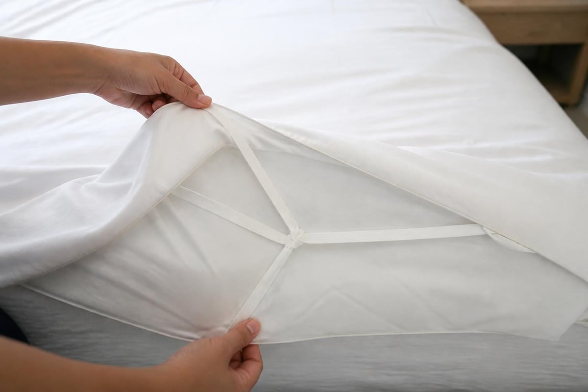 Fitted duvet cover corner mechanism