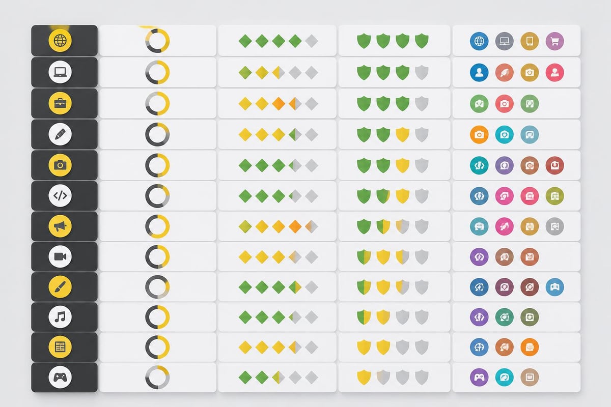 Freelance platform comparison matrix showing Toptal, Upwork, Fiverr and other top platforms rated on fees, approval, and payment protection