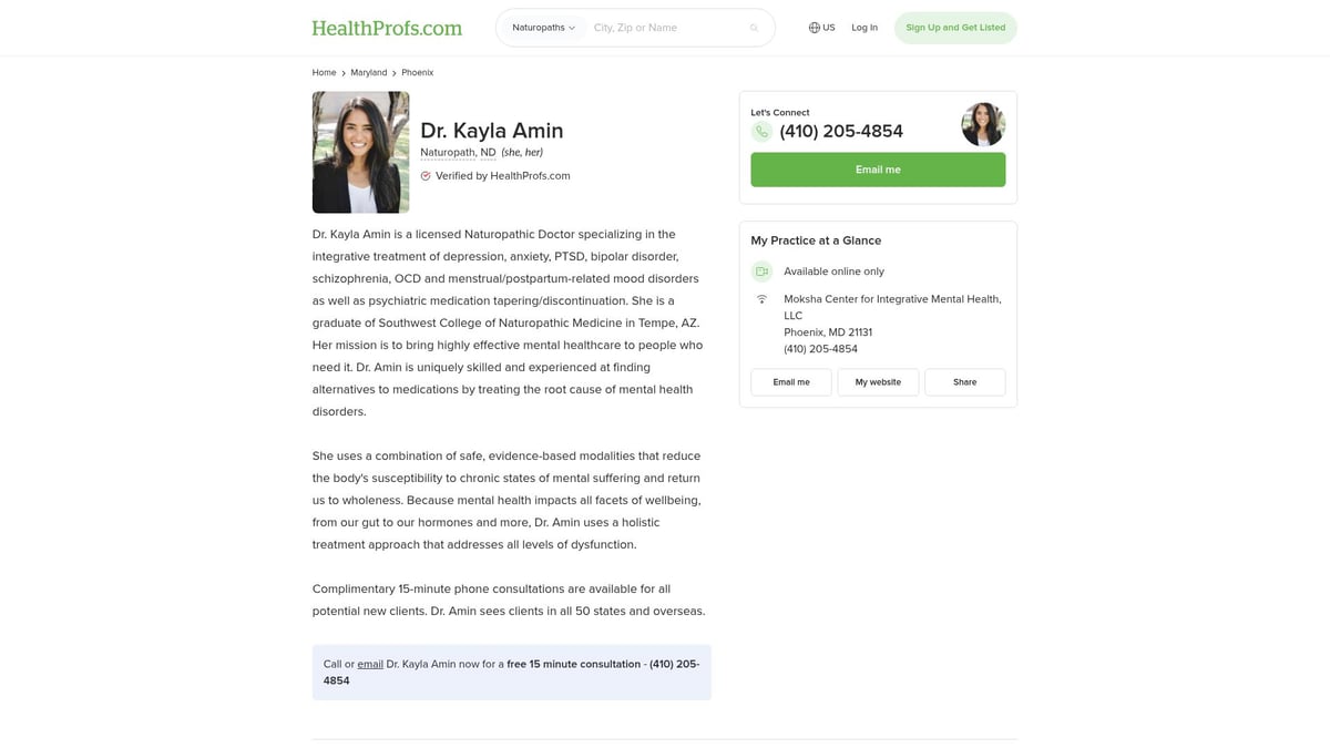 Top 7 Naturopath Maryland Experts to Know in 2026 - Dr. Kayla Amin, ND – Integrative Mental Health Specialist
