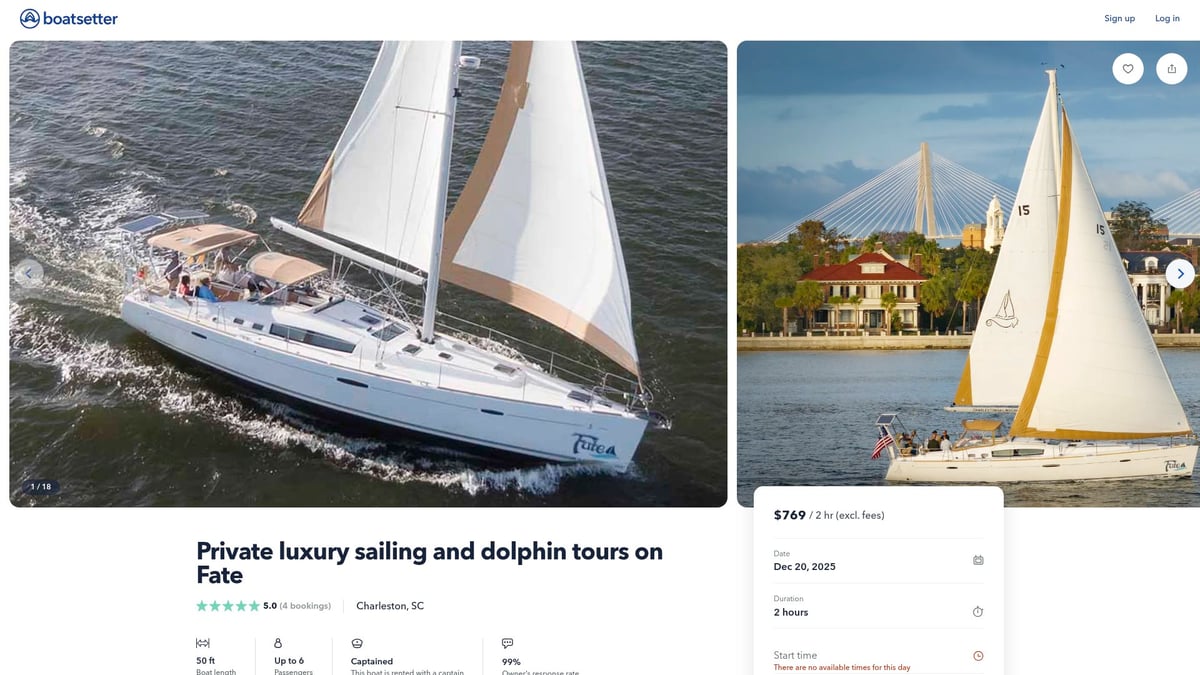 7 Amazing Sailboat Rental Charleston SC Options for 2026 - Private Luxury Sailing and Dolphin Tours on Fate (Boatsetter)