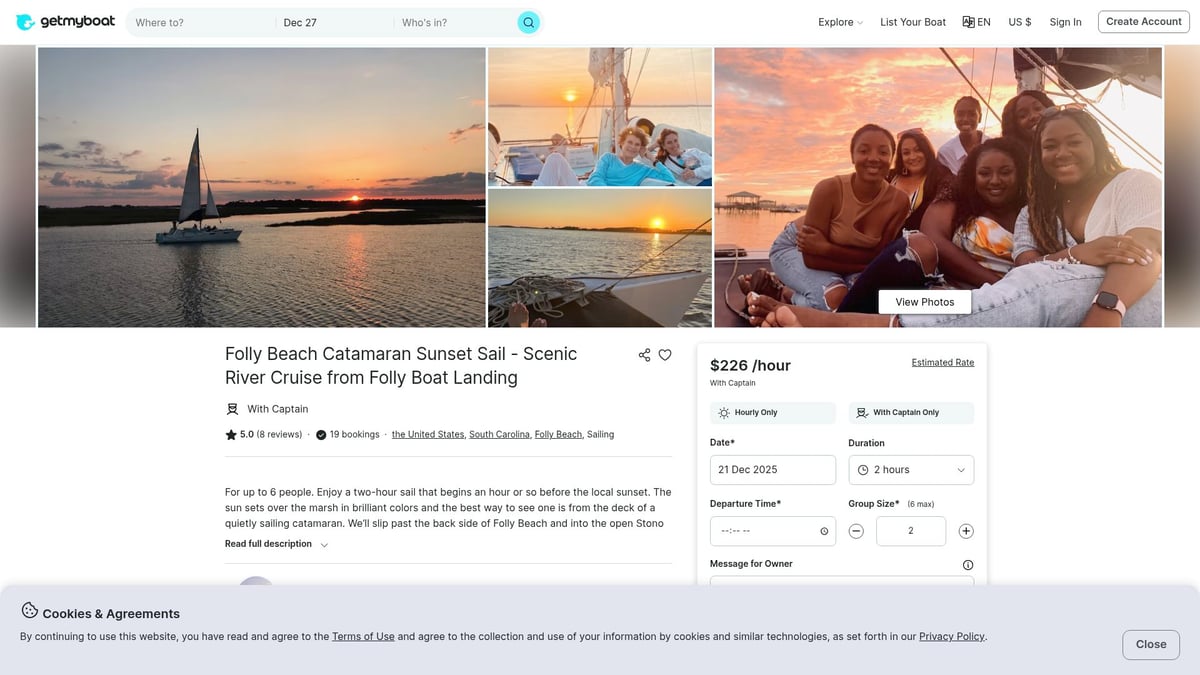 7 Amazing Sailboat Rental Charleston SC Options for 2026 - Folly Beach Catamaran Sunset Sail (GetMyBoat)