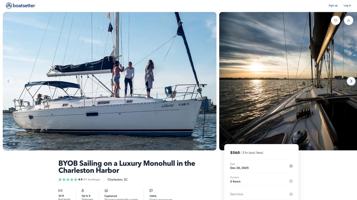 7 Amazing Sailboat Rental Charleston SC Options for 2026 - BYOB Luxury Monohull in Charleston Harbor (Boatsetter)