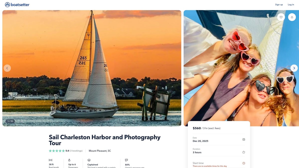 7 Amazing Sailboat Rental Charleston SC Options for 2026 - Sail Charleston Harbor and Photography Tour (Boatsetter)