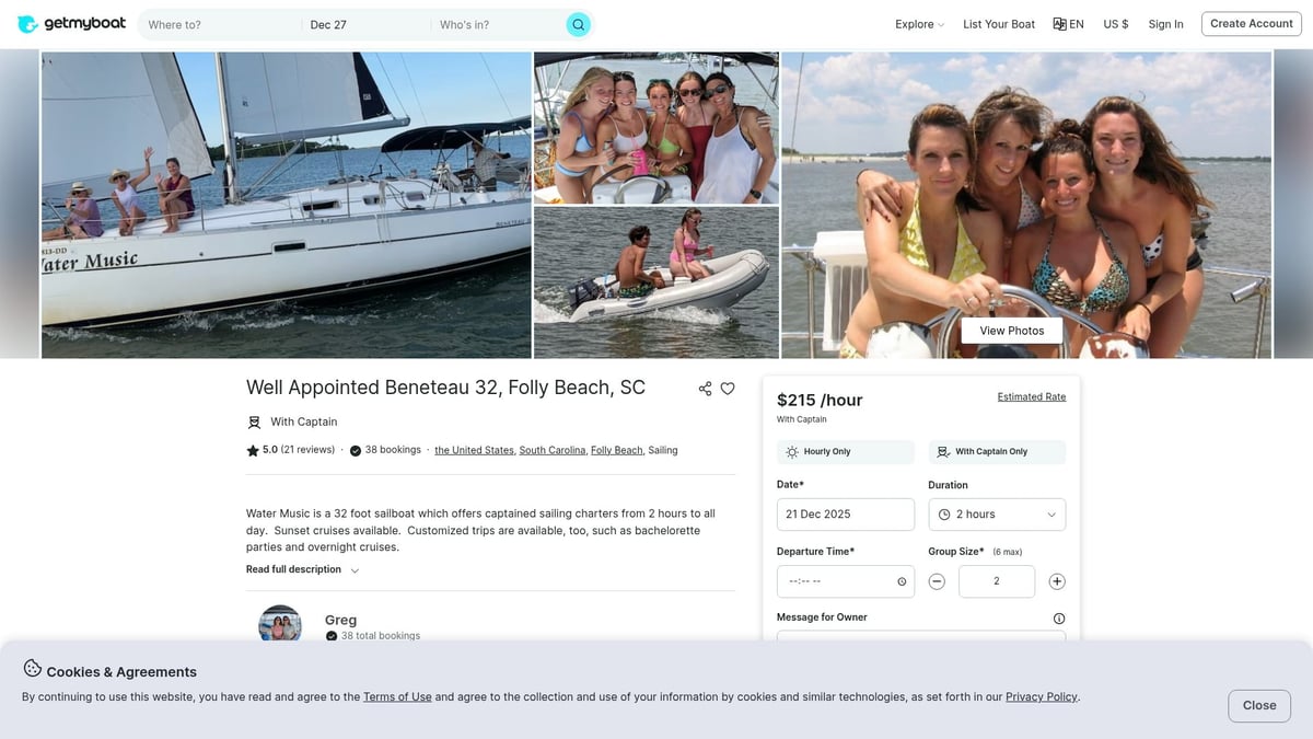 7 Amazing Sailboat Rental Charleston SC Options for 2026 - Well Appointed Beneteau 32, Folly Beach (GetMyBoat)