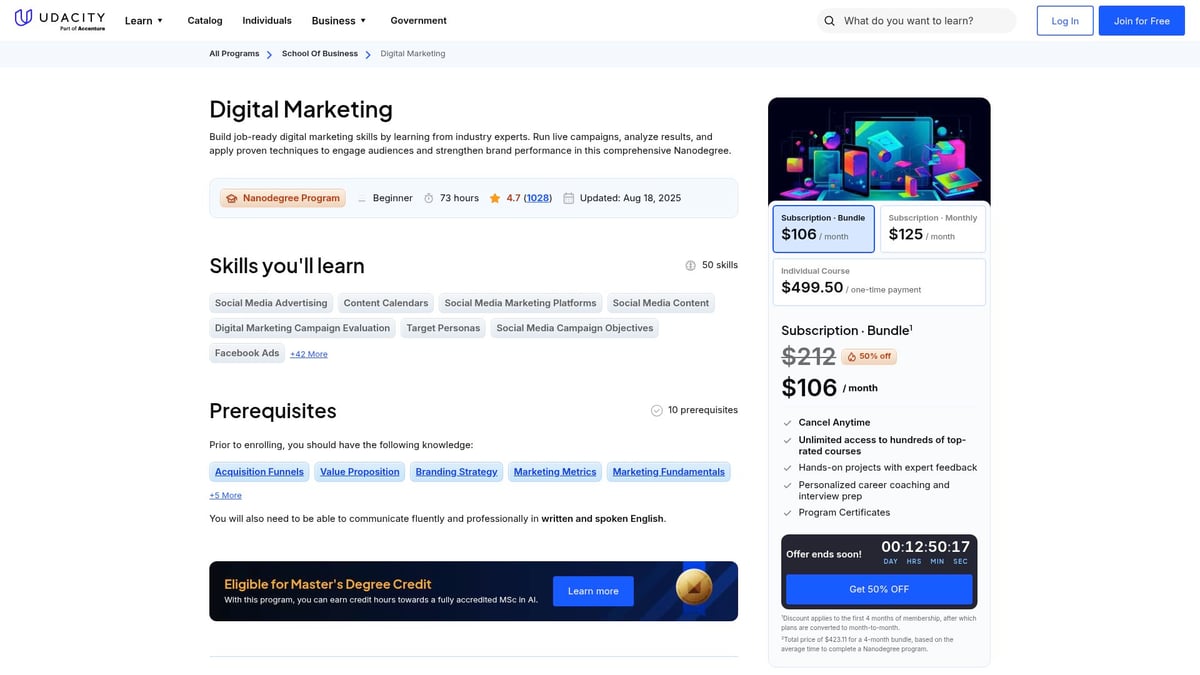 Top 10 Courses Under £500 to Boost Your Skills in 2026 - Digital Marketing Nanodegree (Udacity)
